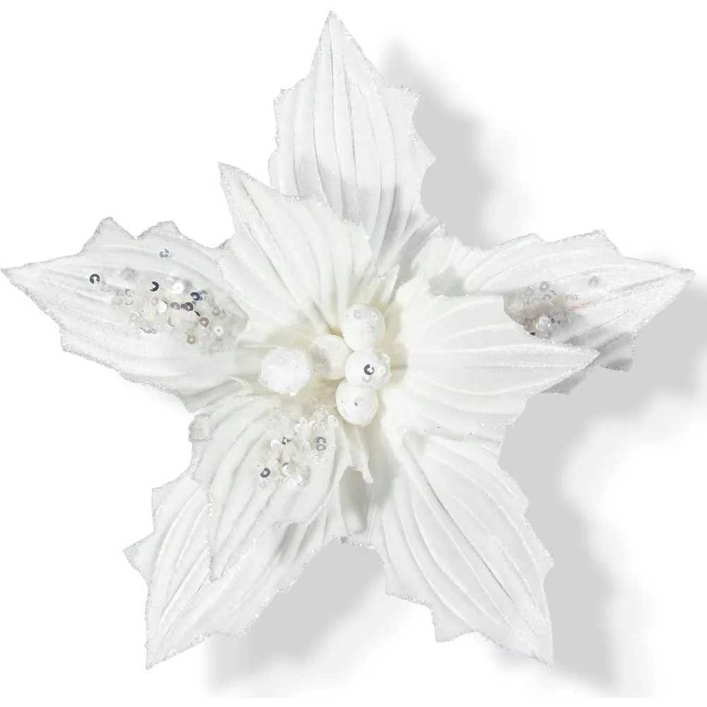 White Velvet Christmas Tree Flower Decoration 6pcs 10-Inch Sequined Christmas Poinsettia Flower Picks for Xmas Tree Wreath Garl C251126