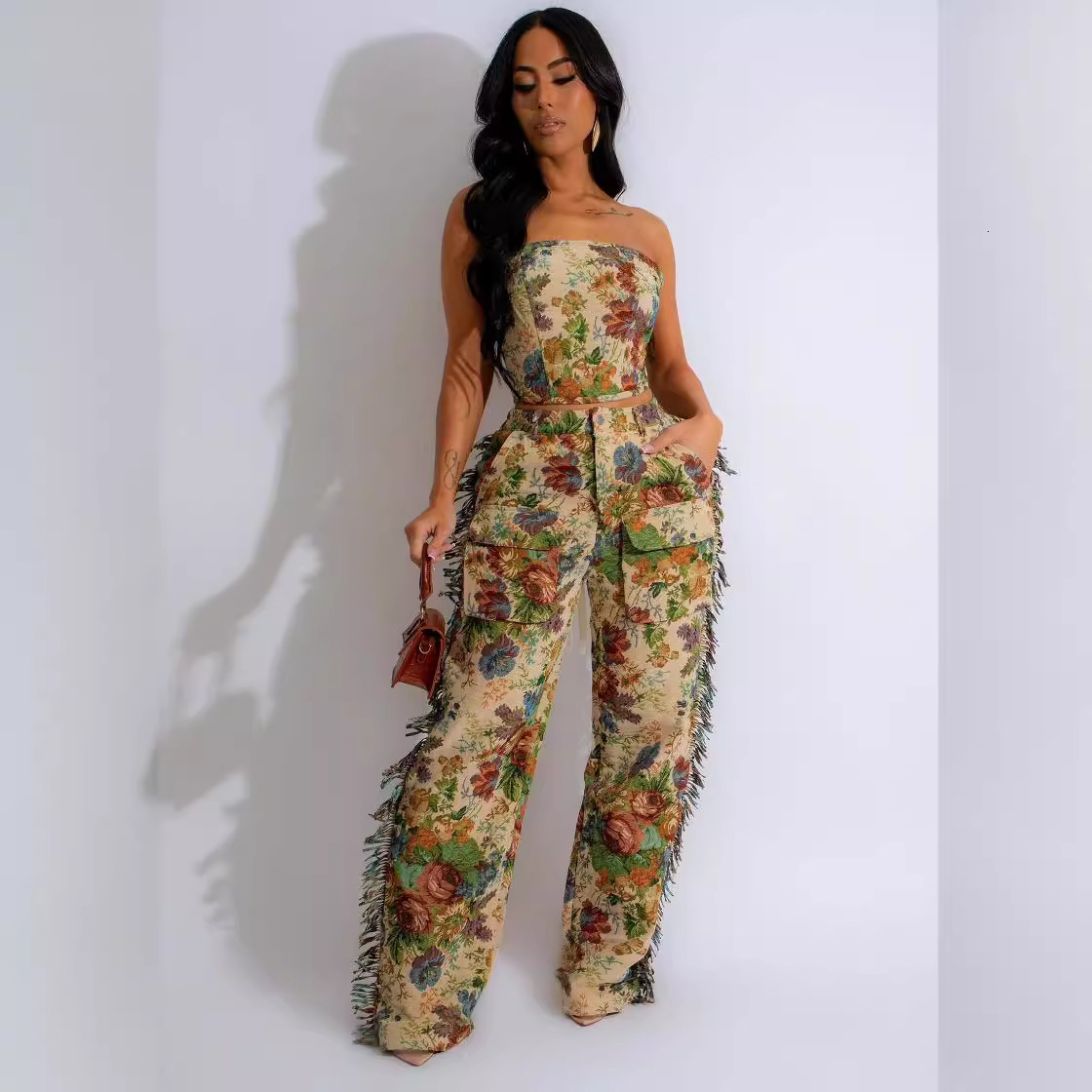 Womens Two piece pants outfits Crop top Sexy Lace Up Wrapped Chest Fringe Long Pants Womens Jacquard Fashion Set