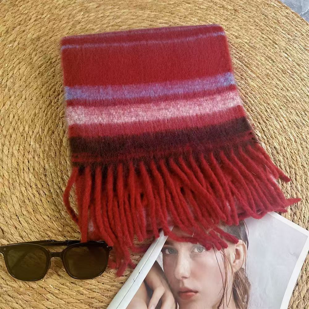T563 Korean striped scarf for girls in winter, high-grade woolen color warm scarf for students, couples, shawls, dual-purpose