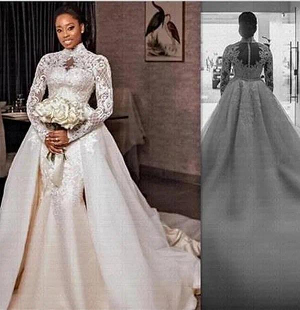 African Mermaid Wedding Dress Detachable Train High Neck Lace Appliques Arabic Bridal Gowns Long Sleeves Robe De Mariage N26 B0320