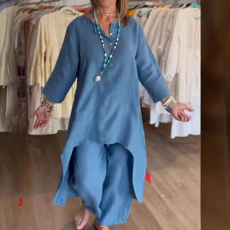 European American women's cotton and linen plus size long top wide leg pants two-piece set 2025 new casual fashion trend clothing