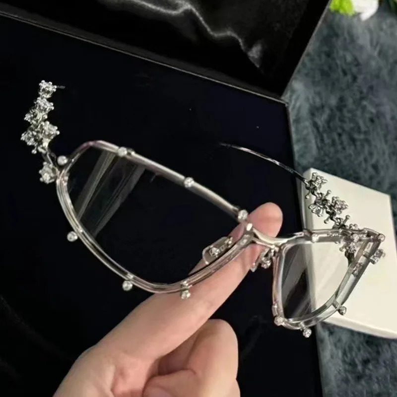 Rhinestone Irregular Sunglasses Women Men Silver Color Metal Small Frame Glasses Elegant Casual Sunglasses Fashion Accessories 250424