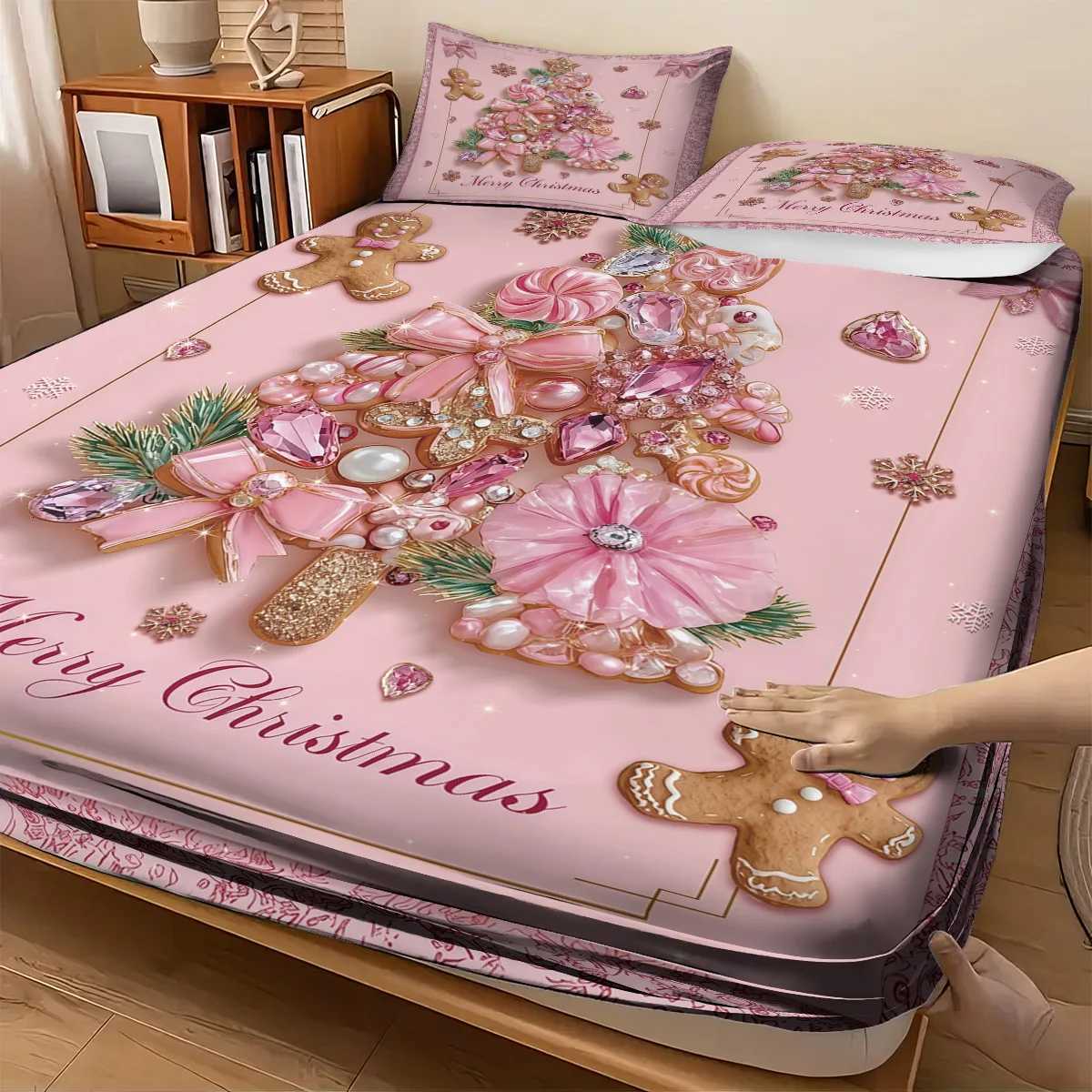 Christmas 3pcs pink Christmas Tree Gingerbread man Print Coreless Bed Sheet Set Multi Size Bedcover Bedroom Bedding Holiday Decorations Y251126