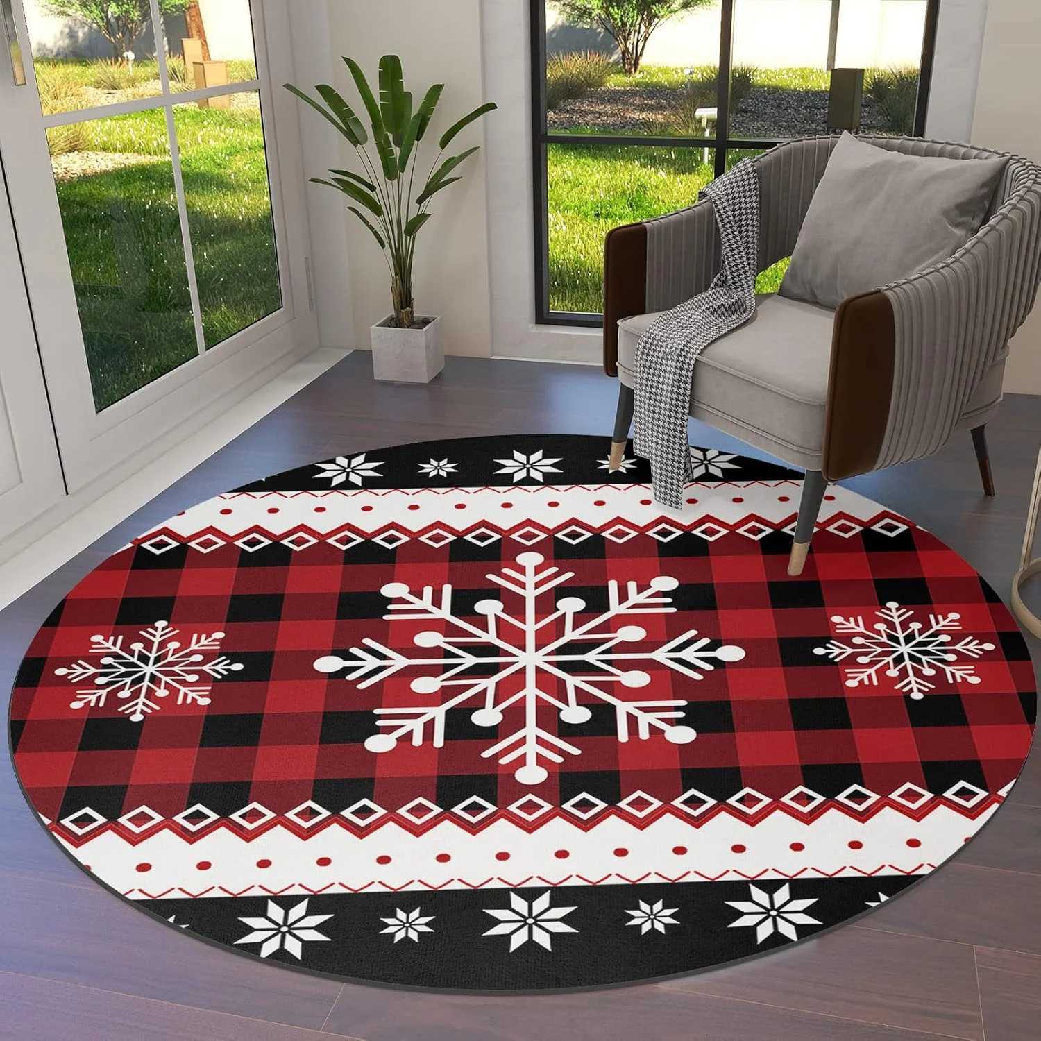 Christmas Round Area Rug White Snowflake Floor Carpets Washable Indoor Floor Area Mat for Living Room Kitchen Bedroom NurseryM251126