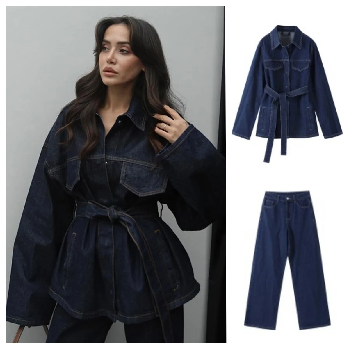 Collar with womens denim jacket 2piece set ultrathin packaging straight wide leg jeans retro elegant 250417