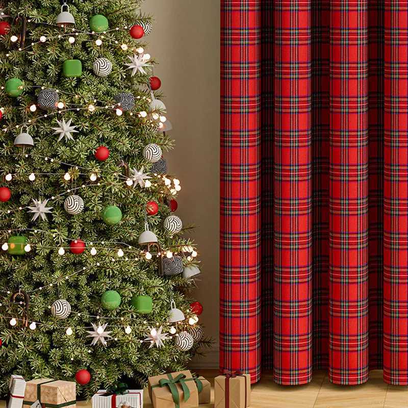 Christmas 1/2 Panels Christmas line grid curtain suitable for living room and bedroom decoration Y251126