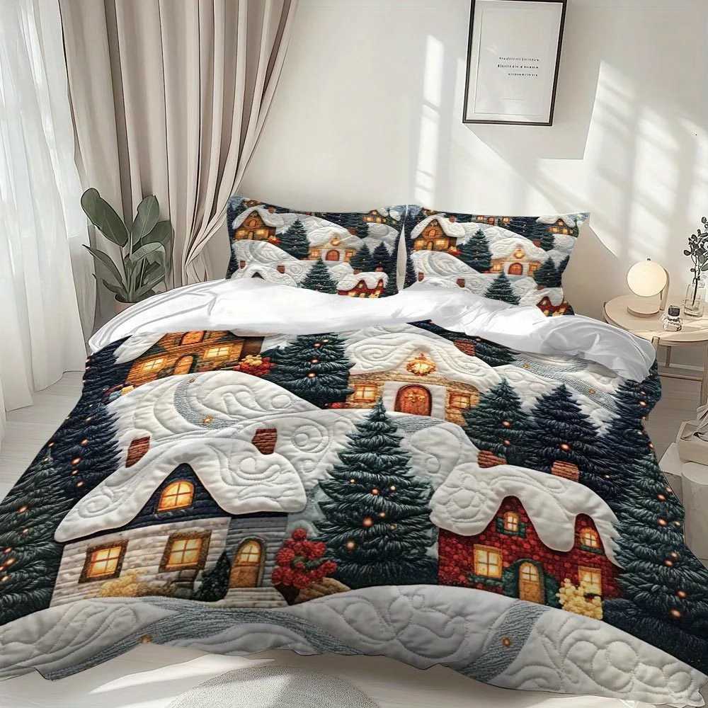 Christmas Latacaca 2/3pcs Christmas Themed Duvet Cover Set Snowy Village Bed Cover Set Festive Winter Bedding Set 1 Duvet Cover Y251126