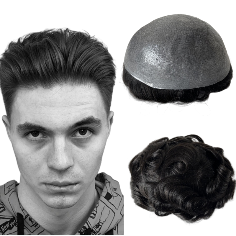 32mm Wave Brazilian Virgin Human Hair Replacement Black Color #1b Knots PU Toupee 8x10 Full Skin Unit for White Men