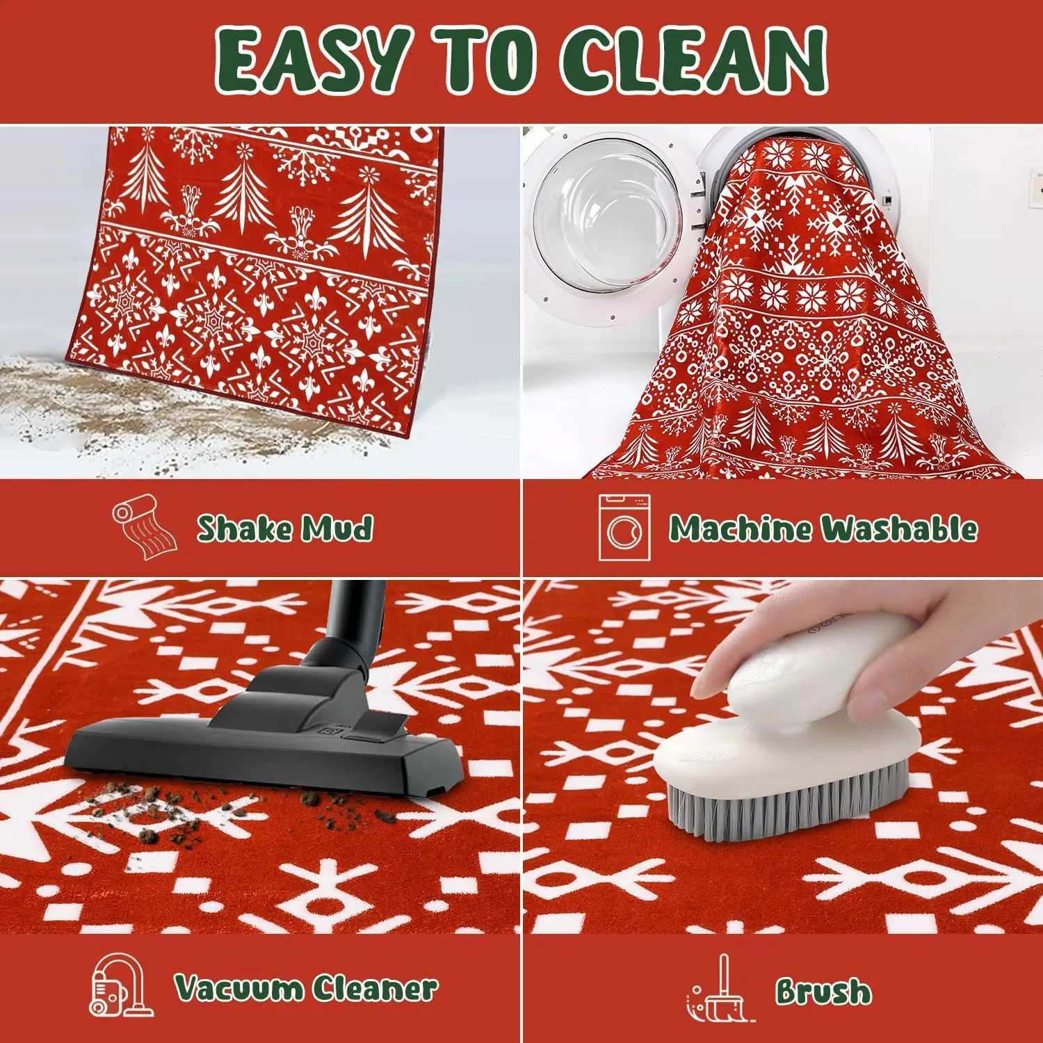 Non-Slip Soft Large Carpet with Red Snowflake Low Pile Faux Wool Xmas Throw Rug for Living Room Hallway Kitchen EntrywayM251126