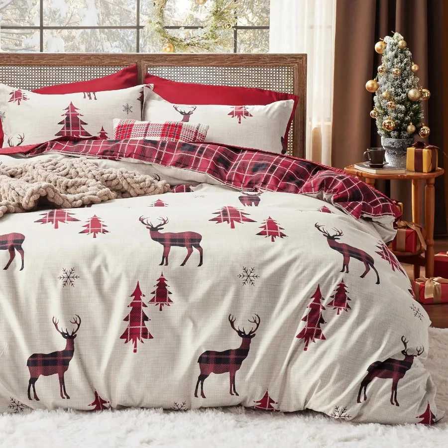 Christmas Christmas Duvet Cover Queen Reversible Buffalo Check Printed Plaid Bedding Set for Holiday Home Decor 3Piece Set with 2 Pillow Y251126