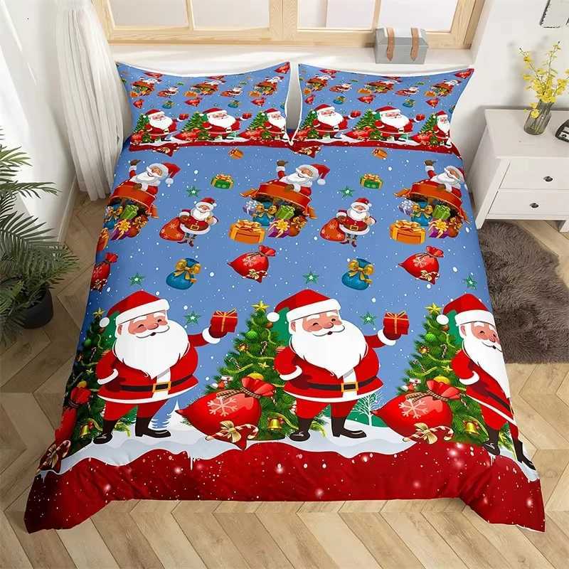 Christmas Cartoon Winter House Duvet Cover Cute Deer Animal Santa Claus Bedding Sets Christmas Theme Rustic Farmhouse Style Quilt Cover Y251126