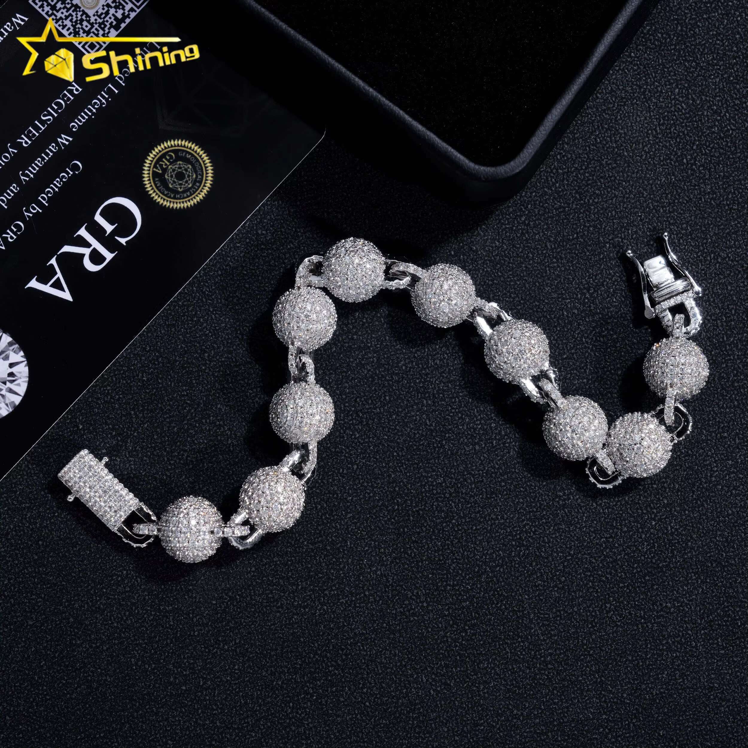 Hip Hop Jewelry 925 Silver Fashion 10MM Iced Out Diamond Moissanite Bead Ball Bracelet