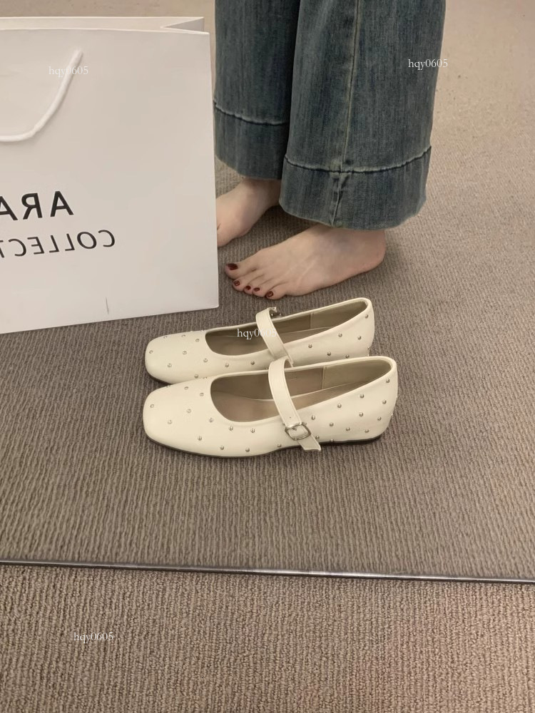 Top brand, high-quality new product designer, new 2025 spring Korean ballet troupe, rivet square toe flat bottomed single button high rise shoes, fash