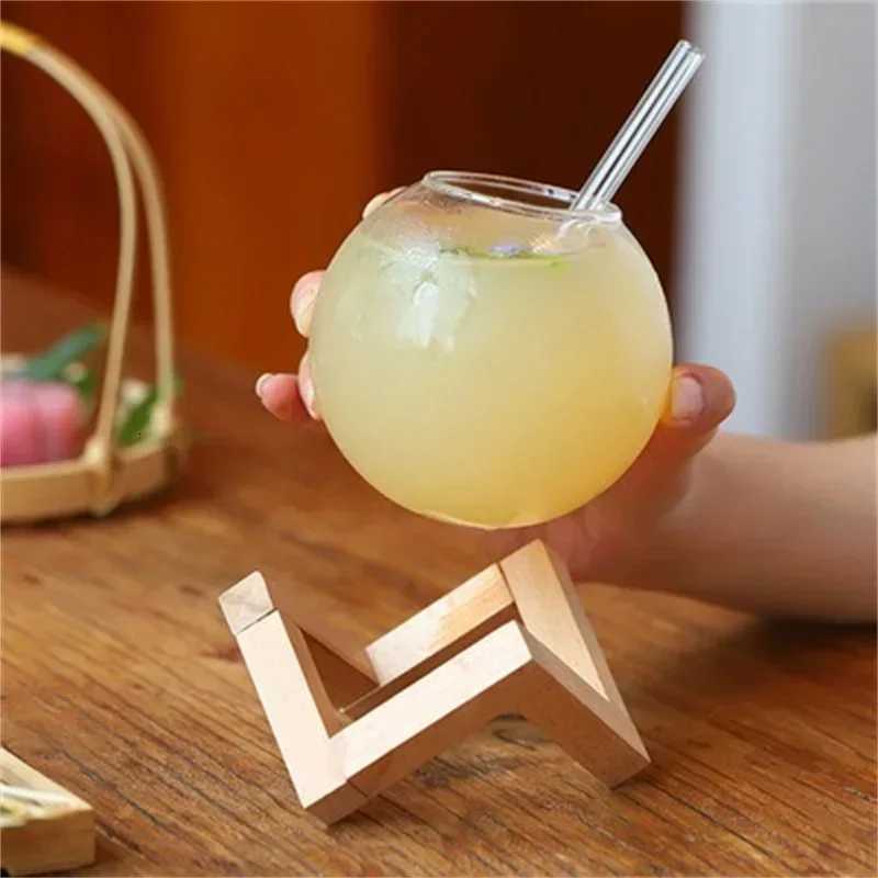 Creative Ronud Ball Glass Cup with Wood Stand Straw Wine Cocktail Glass Cup Transparent Moon Ball Cold Drinking Juice Cups C251126