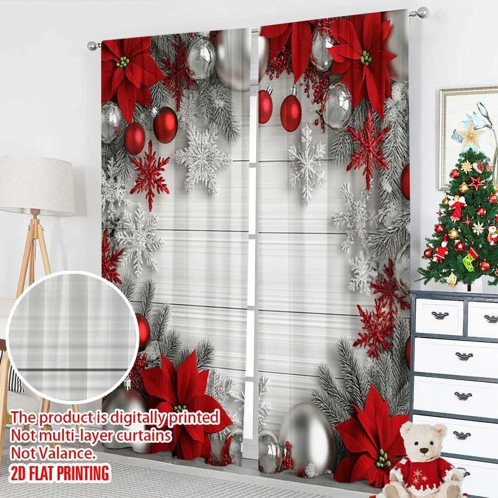 Curtain Christmas 2pcs 2D flat printing Merry Christmas Window Curtains Christmas Ornaments Red Silver Snowflakes 2 Polyester Without Y251126