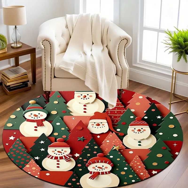 1pc Snowman Christmas Tree Round Mat - Red/Green/Golden Winter Mat with Non-Slip Backing Machine Washable Soft Mat for RoomM251126