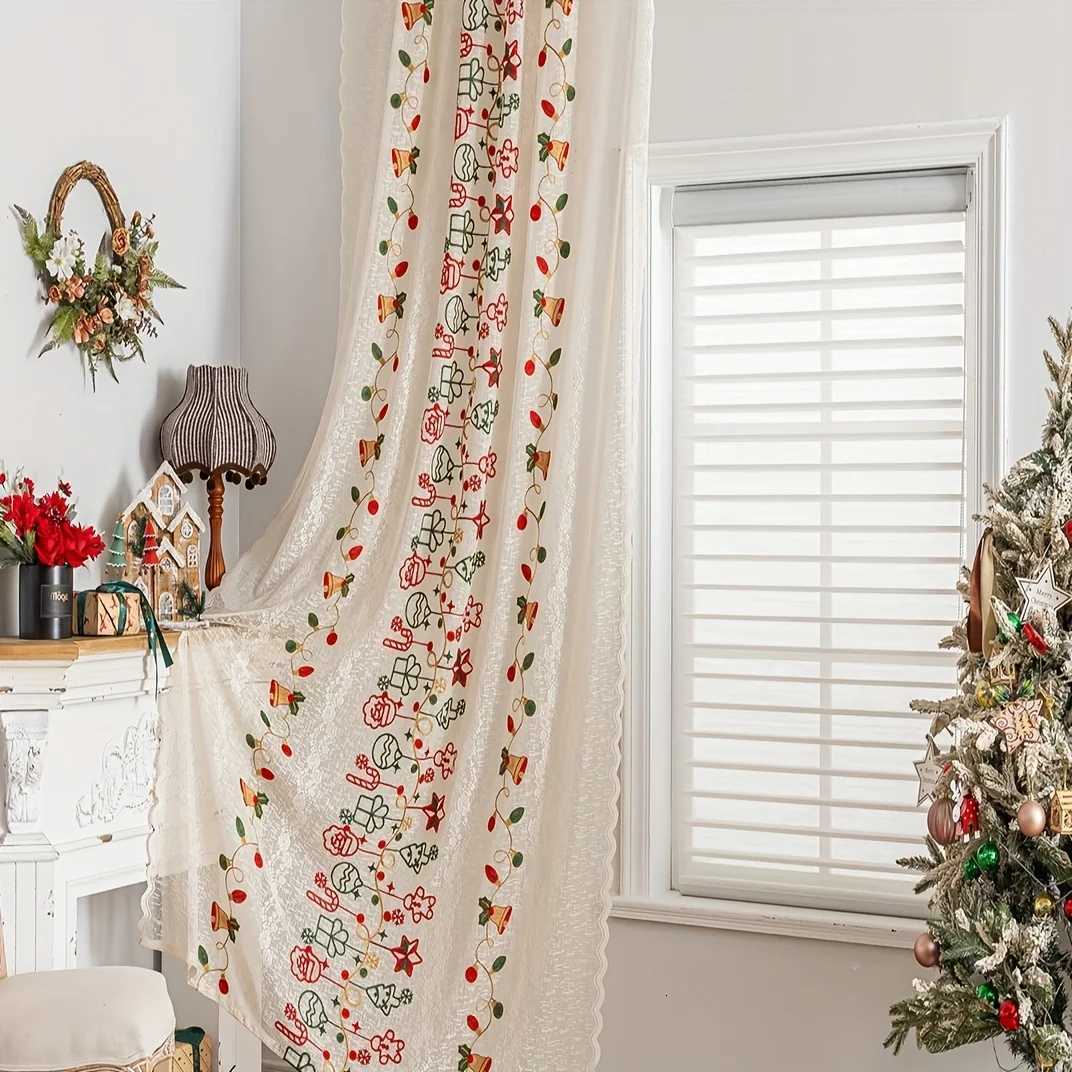 Christmas 1Pc Warp-Knitted Embroidered Santa Claus Bell Christmas Curtain Rod-Top Window Drape Home Decoration 2025 Model Y251126