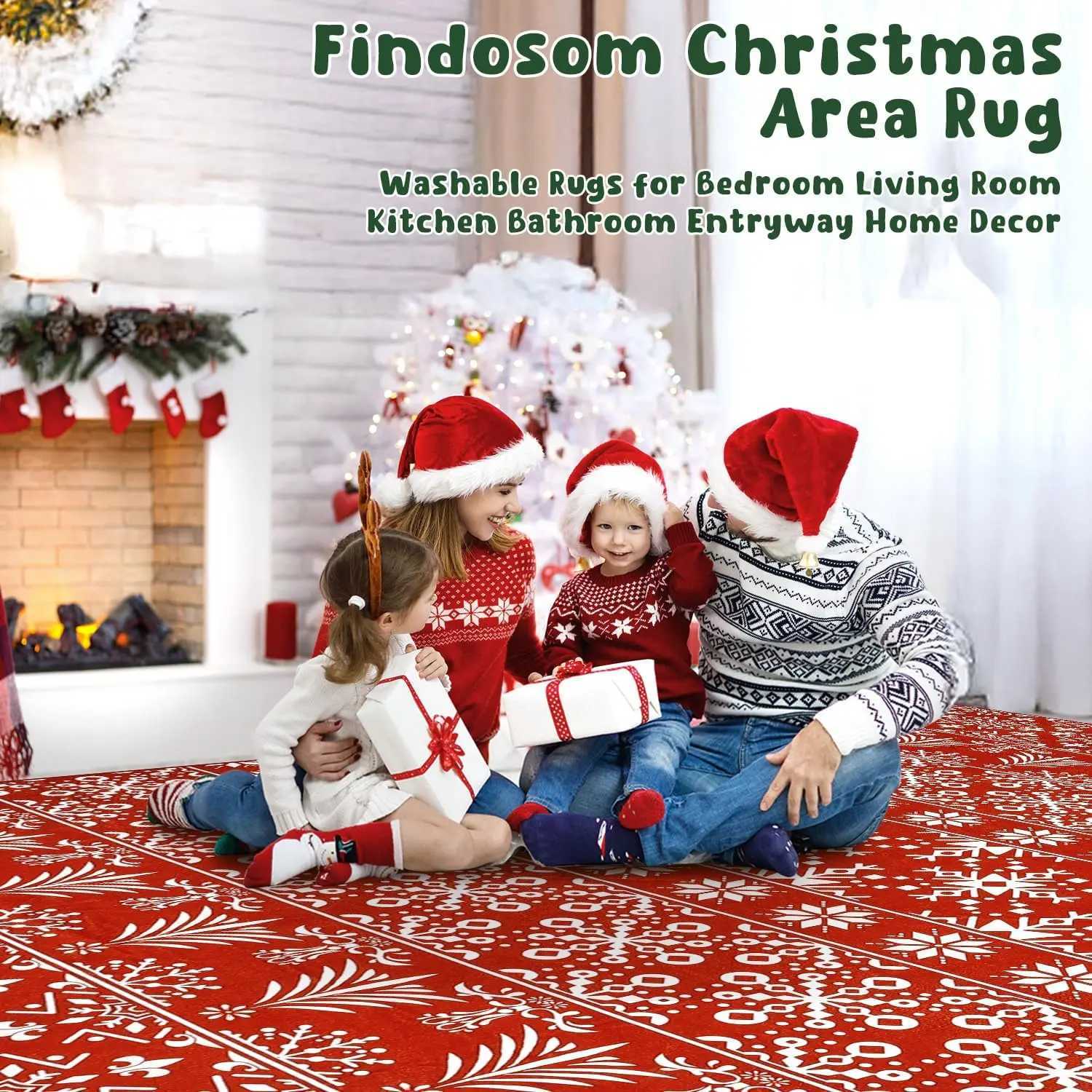 Non-Slip Soft Large Carpet with Red Snowflake Low Pile Faux Wool Xmas Throw Rug for Living Room Hallway Kitchen EntrywayM251126