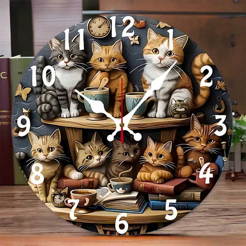 Cat Design Wooden Round Silent Hanging Wall Clock Suitable For Living Room Office Study Room Bedroom Home Decoration C251126