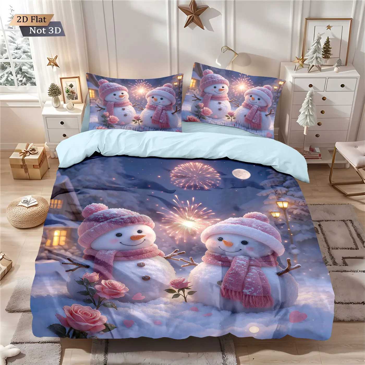 Christmas 3pcs Merry Christmas Snowman Printed Chipless Quilt Set Multi Size Bedroom Holiday Bedding Holiday Decoration Machine Washable Y251126