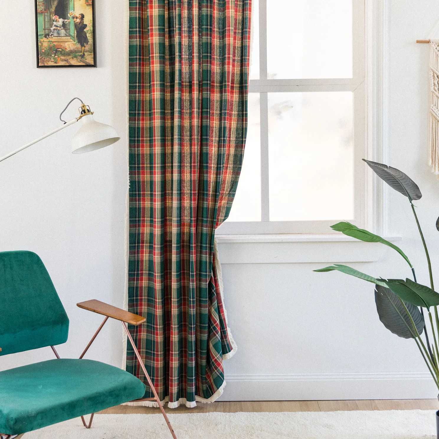 Christmas Green Plaid Curtain Scottish Tartan Striped Xmas Decor Window Curtain Rod Pocket Light Filtering Farmhouse Drape for Living Room Y251126