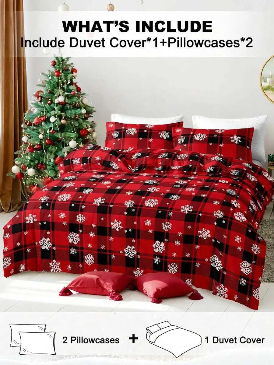 Christmas 3pcs/Set Christmas Red Grid Santa Claus Snowflake Print Duvet Cover Set1 Duvet Cover 2 PillowcaseSoft And Skin-Friendly Y251126