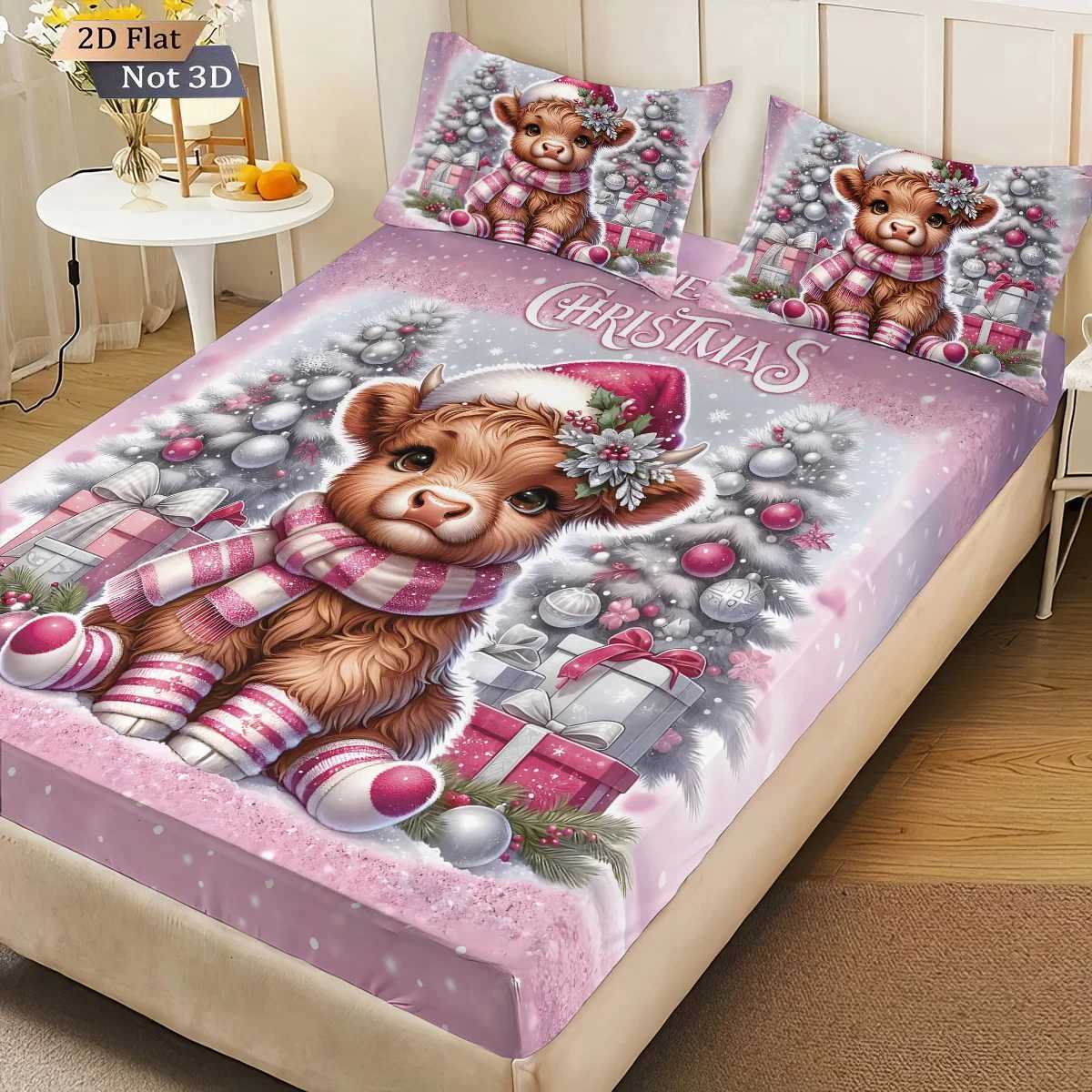 Christmas 3pcs Christmas Highland Cow Print Coreless Bed Sheet Set Multiple Size Bed Cover Bedroom Bedding Decoration Machine Washable Y251126