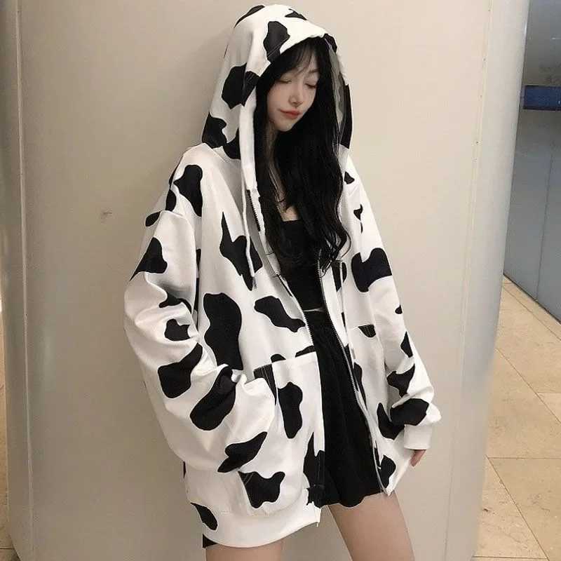 Thin Cow Patterned Hoodie Jacket for Women Spring Autumn Loose Fit Zipper Casual Trendy Open Cardigan Sweatshirt J251136