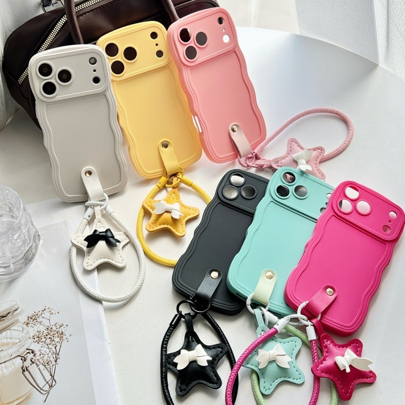 Solid Color Wave iPhone 17 Pro Max Star Lanyard Phone Case Compatible with Apple 16 Pro Skin Feel Liquid 14
