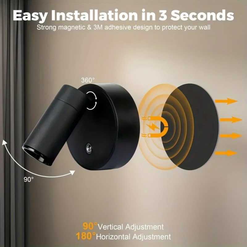 Magnetic Base USB Rechargeable LED Cordless Wall Light with Touch Switch Black White Magnet Dimmable Bedside Lamp for Reading M251126
