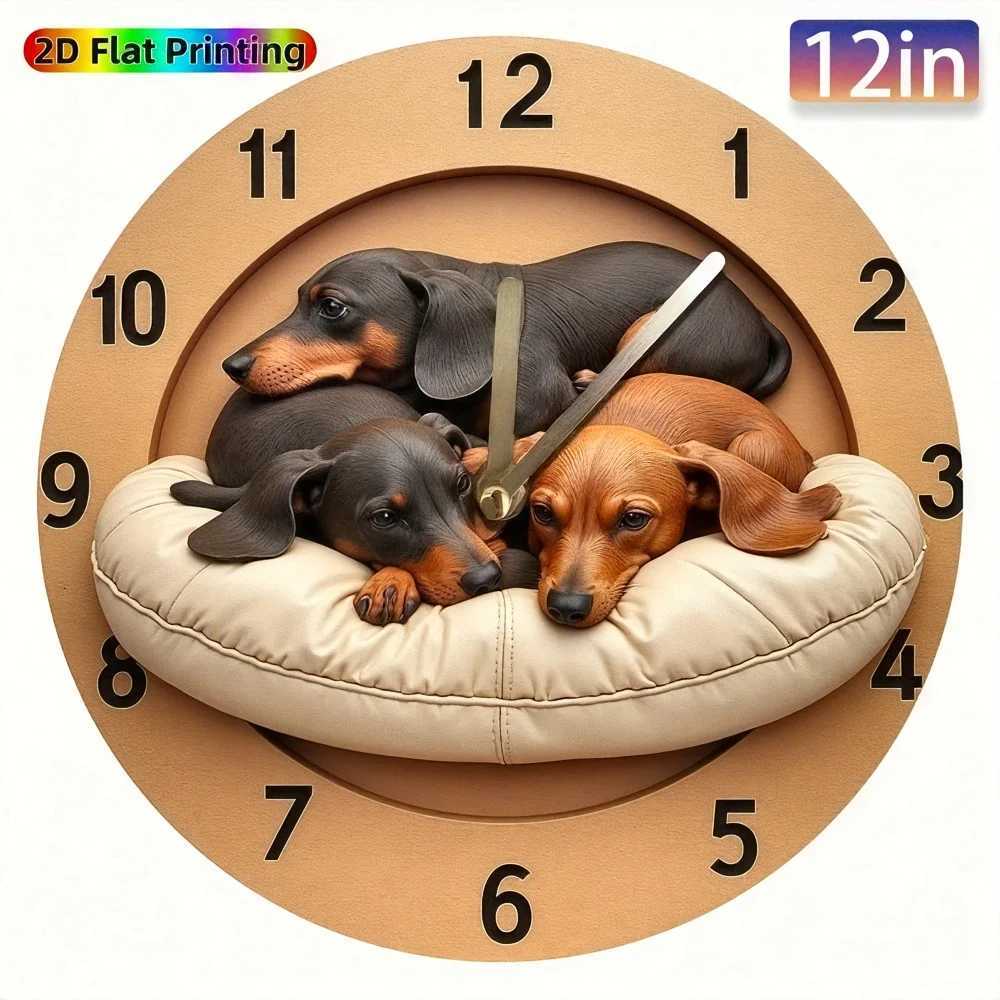 2D Round Silent Wall Clock with Dachshund Pair Design- Quartz Movement Suitable for Bedroom Apartment Dormitory Bathroom Dec C251126