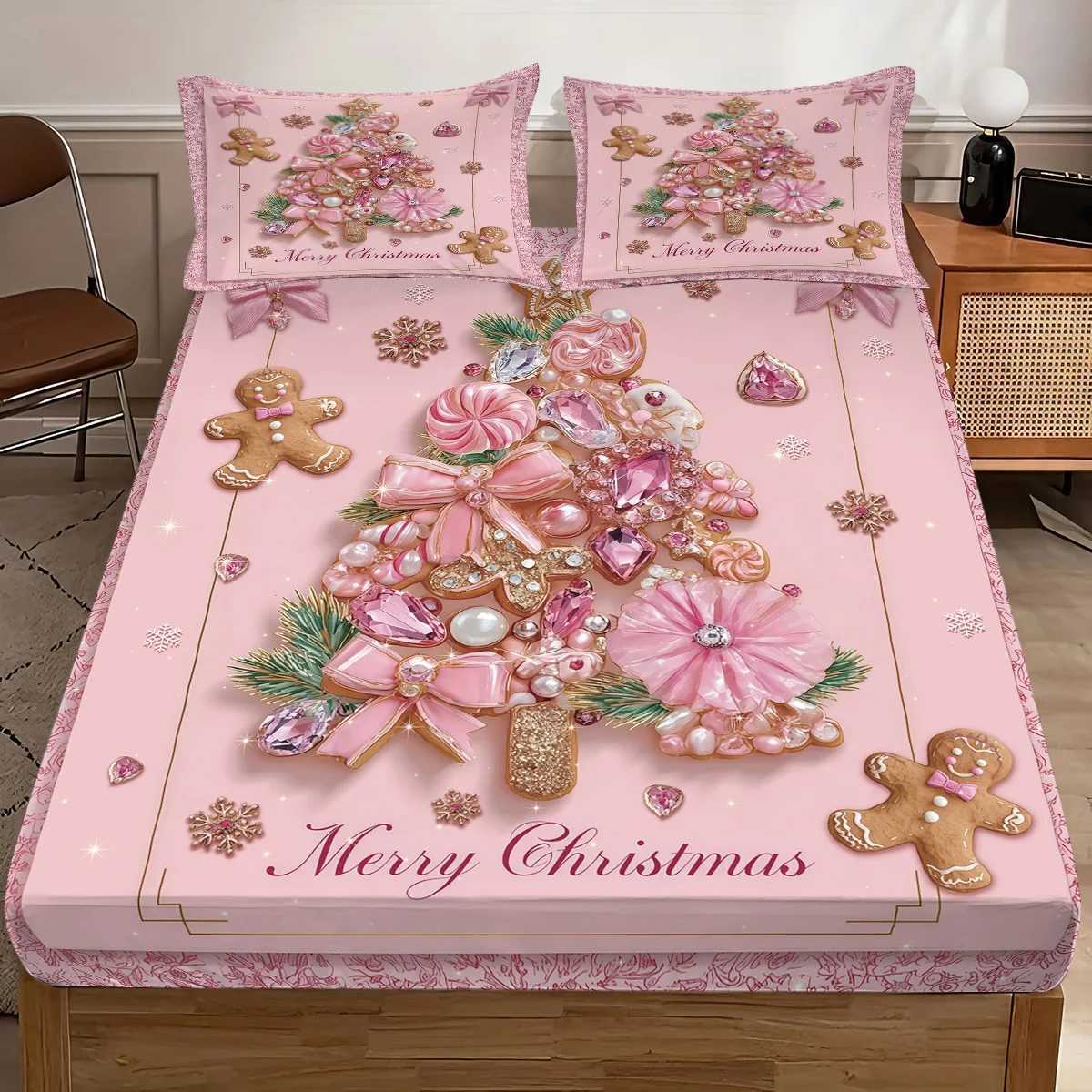 Christmas 3pcs pink Christmas Tree Gingerbread man Print Coreless Bed Sheet Set Multi Size Bedcover Bedroom Bedding Holiday Decorations Y251126