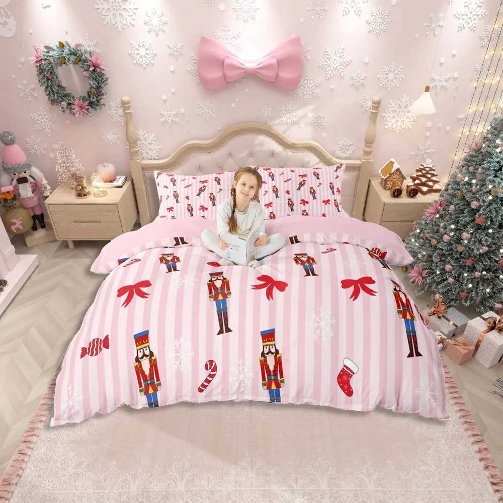 Christmas Home Girly Christmas Nutcracker Duvet Cover Set for KidsPrincess Cute Bowknot Bedding SetPink Abstract Stripes Bed Set Y251126