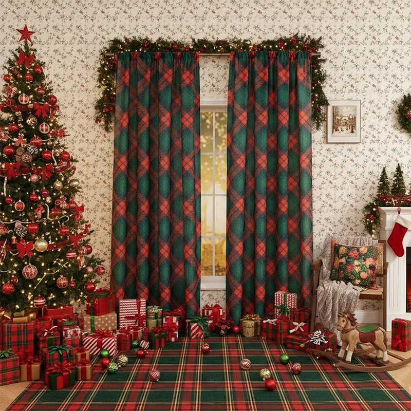 Curtain Christmas Christmas-themed Printed Curtains Vintage Green Plaid Are Rectangular Suitable for Bedroom Living Room Kitchen Home Decoration Y2511