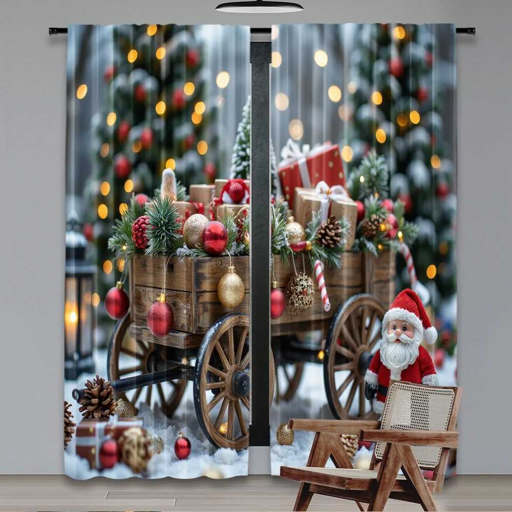 Curtain Christmas 2D flat printing 2pcs Christmas Hot Curtains Christmas red gift wagon Digital Printed Polyester Drapes Family Party Decoration Y2511