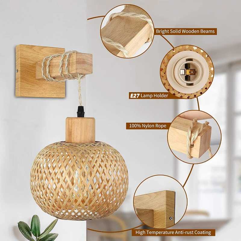Bamboo Lantern Wall Lamp Natural Rattan WickerE27Chandeliers Hand-Woven Bamboo Room Decor Lampshades Wall Light Fixtures nordic M251126