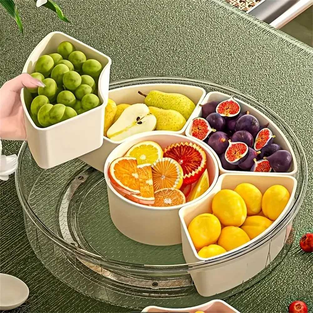 Divided Rotating Serving Tray with Lid and Handle Portable Snackle Box for Fruits Snacks Veggie Charcuterie Clear Snack Spinne Y251126
