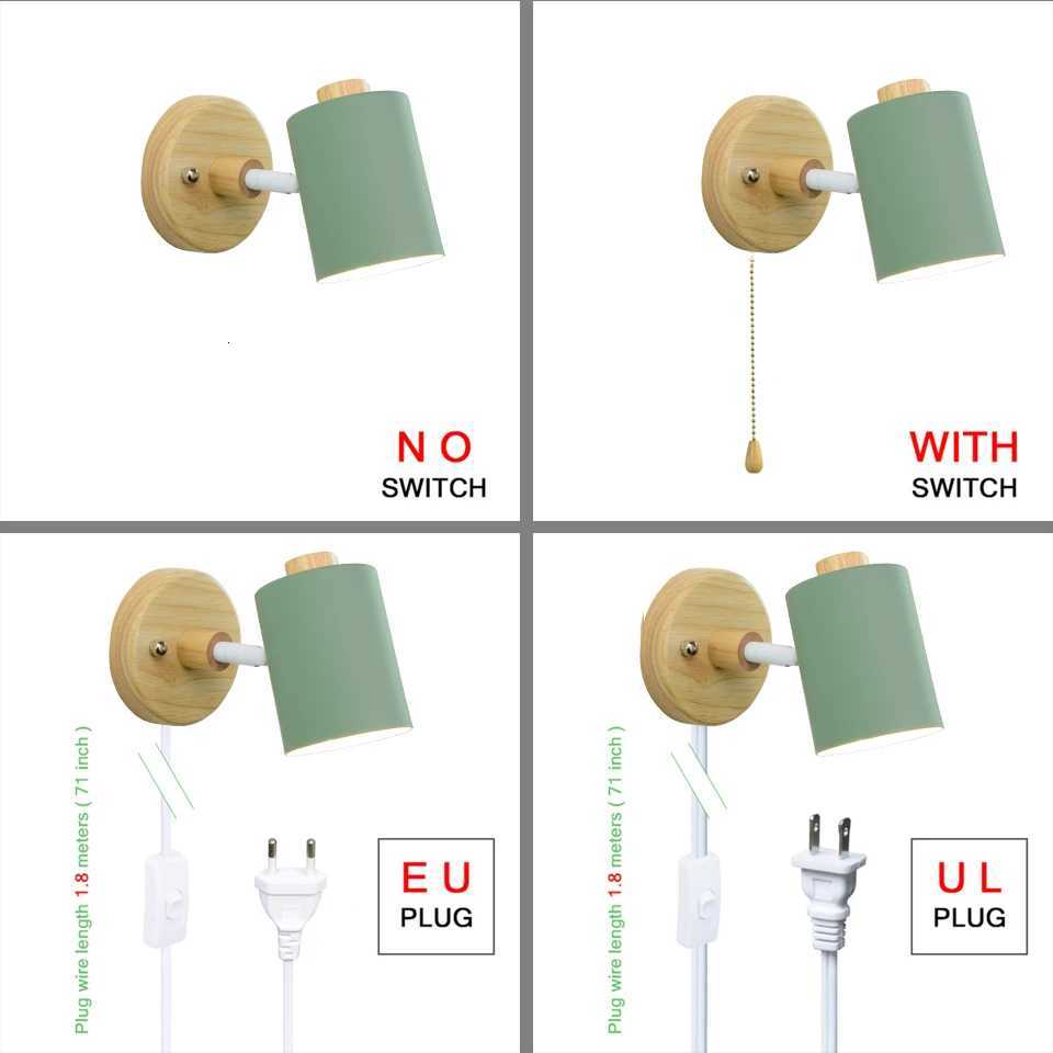 Nordic Indoor GU10 Wall lamp Wooden 6 Color With Zip switch EU/UL Plug Wall lights For home bedroom Living room Aisle Decorate M251126