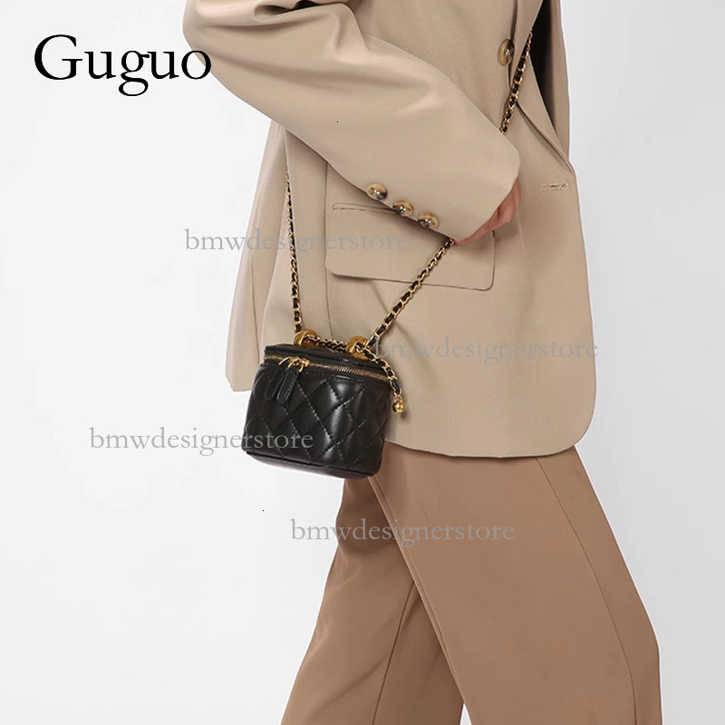 Guguo Designer Luxury Leather Mini Shoulder Bag Sheepskin Totem Box Handbag Women's Fashion Golden Ball Chain Lipstick Crossbody Bag Chanel Style