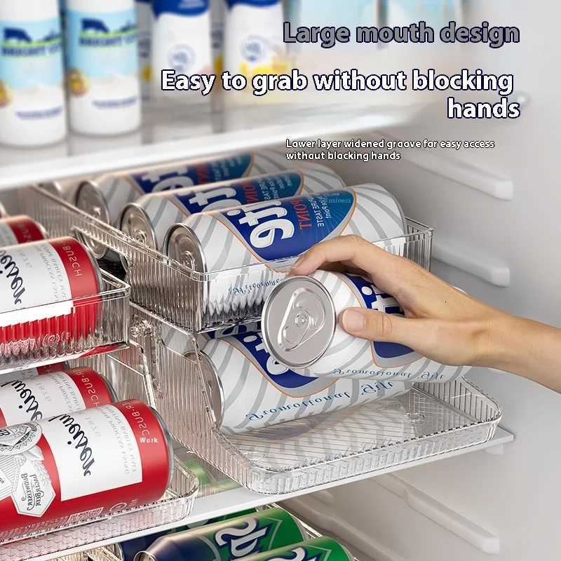 Large Capacity Kitchen Refrigerator Can Storage Rack Dual Layer Foldable Beverage Organizer Automatic Slide Out Boxes Y251126