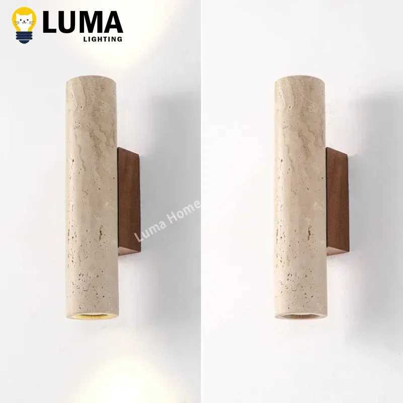 Wabi Sabi Style Yellow Travertine Wall Lamp Vintage Stone and Wood Sconce Light for Bedroom Bedside Living Room Stair Home Decor M251126