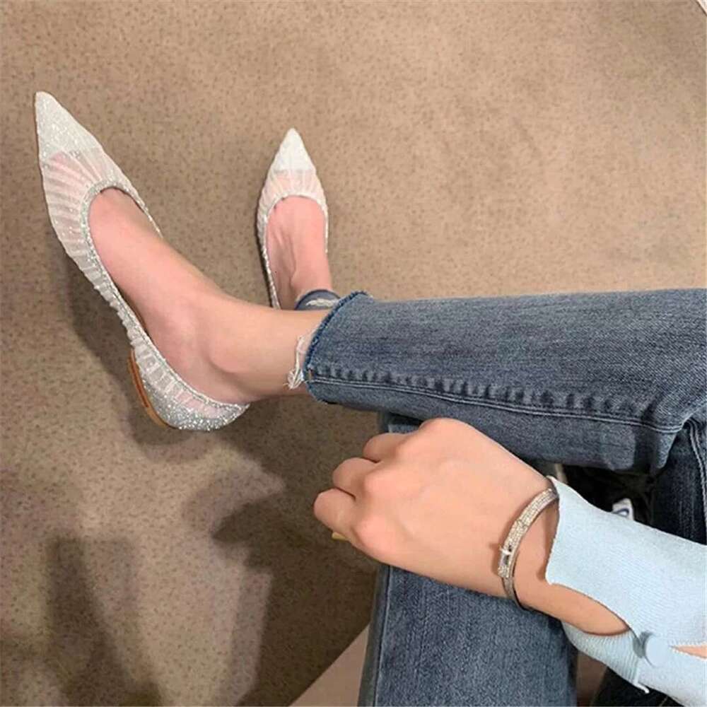 Spring and summer new pointed mesh sequin flat wedding shoes thin high-heeled banquet dress large small size women's sandal