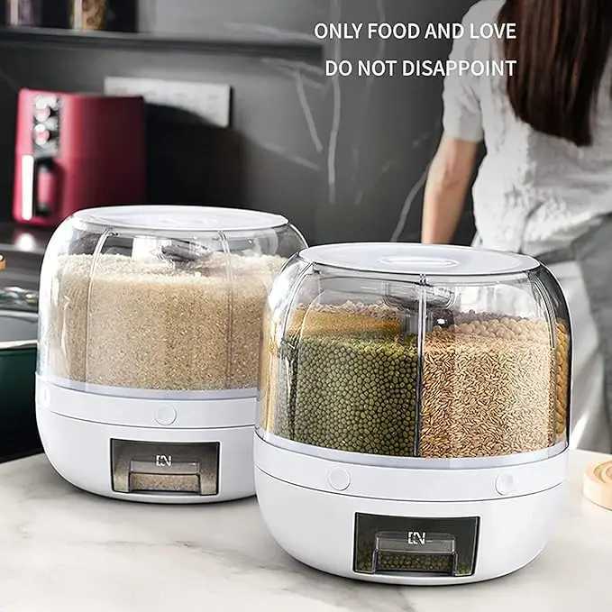 360 rotating 6-grid grain dispenser one-touch output storage container for rice grain seng and moisture-proof organizer Y251126