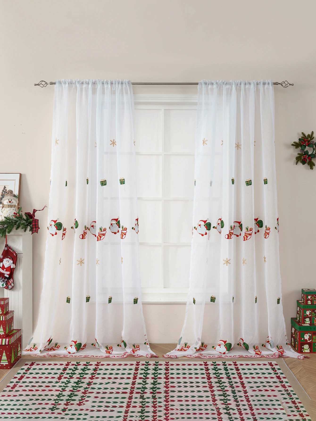 Curtain Christmas 1PC Festive Christmas Embroidered Stocking Thin Curtain Rod Pocket Included for Living Room Bedroom Window Decor Y251126
