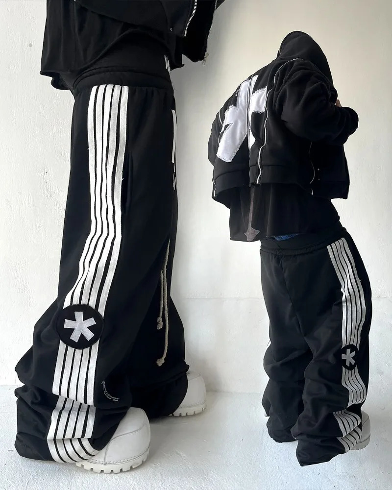 Y2K trendy Gothic English letter embroidered printed striped men sportswear pants retro Harajuku high Street punk casual pants 251126