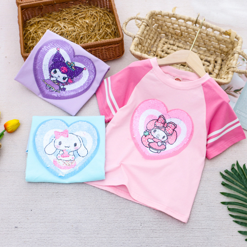 DISNEY toddler designer clothes Children's short-sleeved children's short-sleeved designer sequin summer make-up clothes top T-shirt Girls&#
