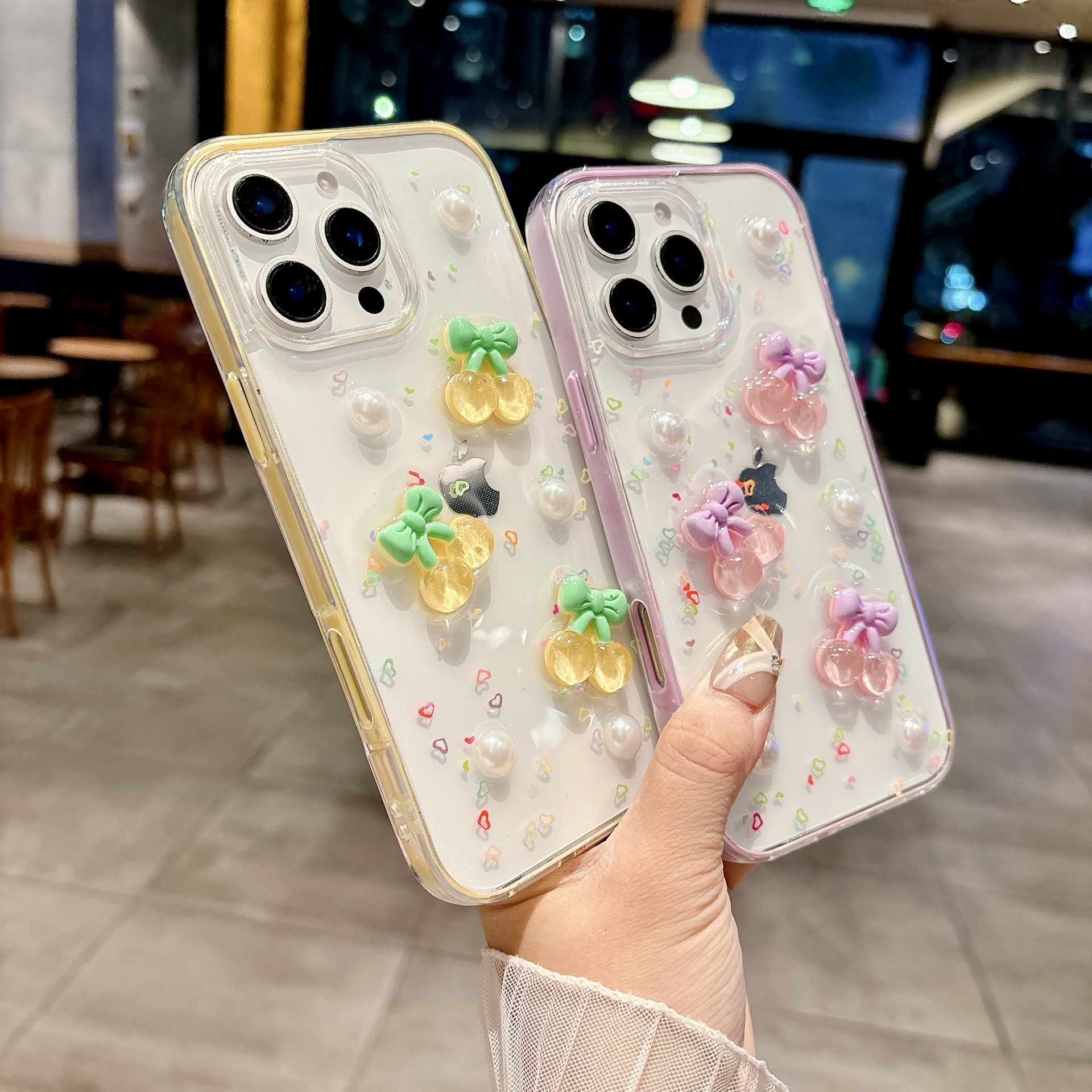 Compatible with iPhone 16 Two-in-One Candy Resin Cherry Phone Case Apple 15 Pro Max Pearl Transparent Two-Tone