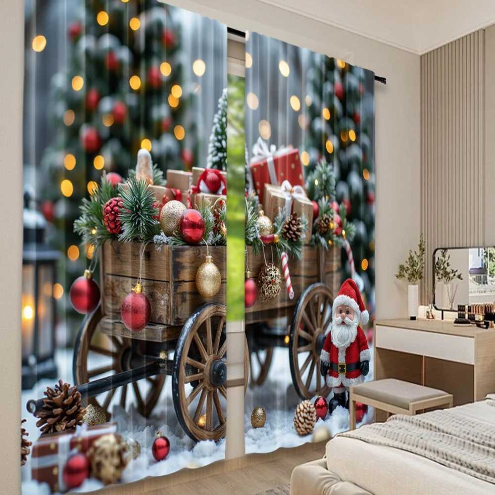 Curtain Christmas 2D flat printing 2pcs Christmas Hot Curtains Christmas red gift wagon Digital Printed Polyester Drapes Family Party Decoration Y2511
