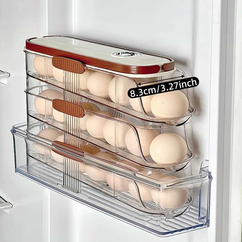 Large Egg Holder for Fridge Automatic Rolling Egg Organizer Clear Plastic Egg Container Stackable Egg Dispenser and Storage Bin Y251126