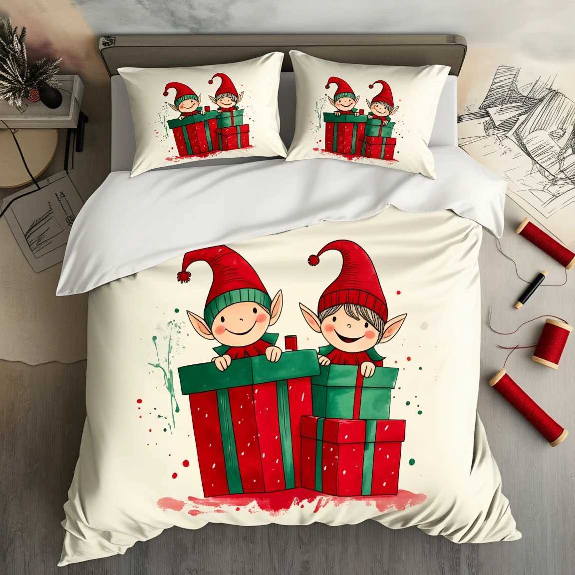 Christmas 3Pcs Hand Painted Christmas Card Bedding Set Polyester Whimsical Illustration Duvet Cover Queen Size Cozy Home Textile Artful Y251126